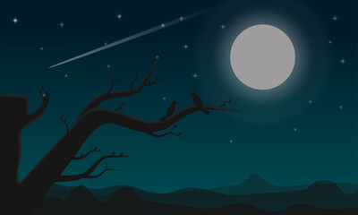 Illustration of a star-studded moon night scene and a pair of birds on a tree