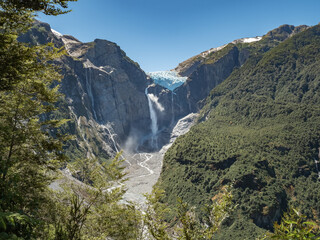 The Hanging Glacier (Ventisquero Colgante) with its stunning waterfall with metlwater falling in a single vertical drop, Queulat National Park, Patagonia, Chile