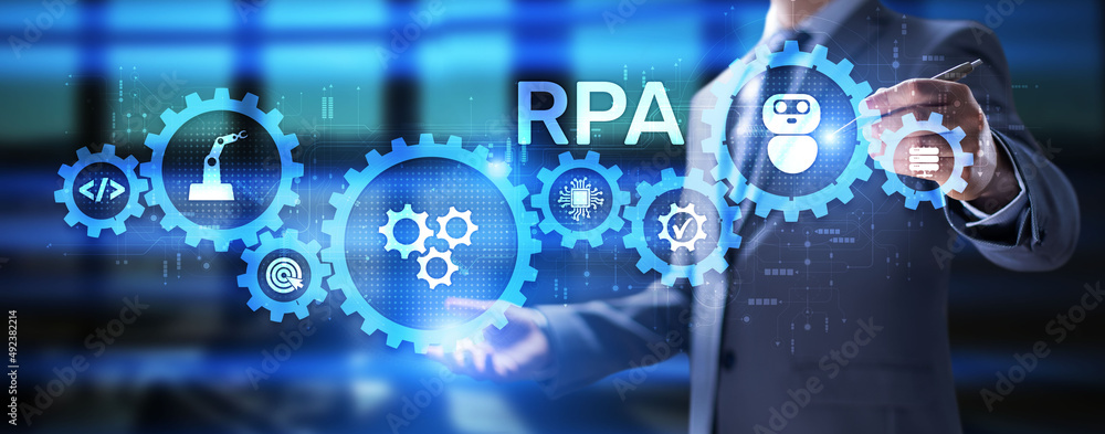 Poster rpa robotic process automation innovation technology concept on virtual screen.