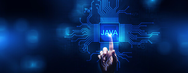 Java programming language application and web development concept on screen.