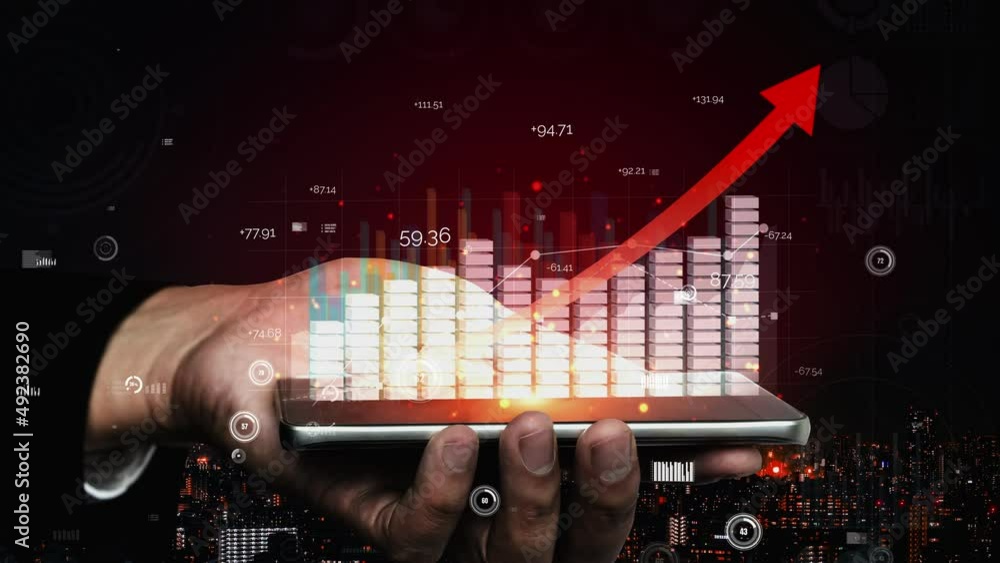 Poster double exposure image of business and finance conceptual - businessman with report chart up forward 