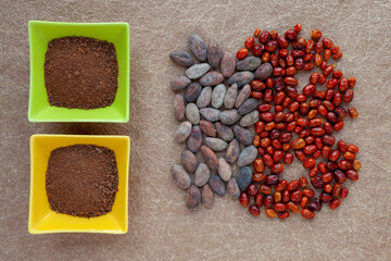 Spice blend made of raw cocoa and dried chili pepper. Spicy cacao condiment top view.