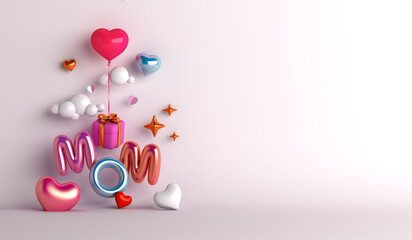 Happy mothers day decoration background with gift box, balloon, mom text rocket, copy space text, 3D rendering illustration