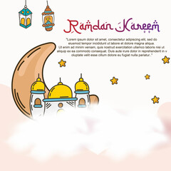 moon clouds lanterns and mosque perfect for celebrating ramadan hand draw style
