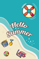 summer banner with sea background, beach, with sand bucket buoy and spade hand draw style