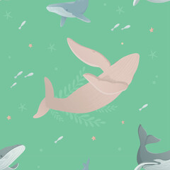 Seamless pattern with different whales, fish, stars. Ocean day. Earth day. Take care for nature and cleaning nature from garbage concept. Perfect for product design, scrapbooking, textile, wrapping.