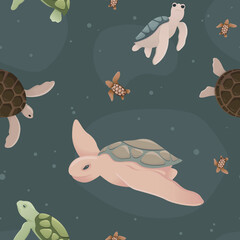 Seamless pattern with different turtles. Ocean day. Earth day. Take care for nature and cleaning nature from garbage concept. Perfect for product design, scrapbooking, textile, wrapping.