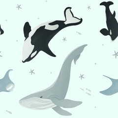Obraz premium Seamless pattern with whale, orca, stingray and stars. Ocean day. Earth day. Take care for nature and cleaning nature from garbage concept. Perfect for product design, scrapbooking, textile, wrapping.