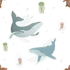 Fototapeta premium Seamless pattern with whale, jellyfish, turtle, stars. Ocean day. Earth day. Take care for nature and cleaning nature from garbage concept. Perfect for product design, scrapbooking, textile, wrapping.