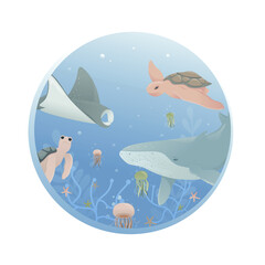 Flat vector illustration with marine life in round window. Take care for nature and cleaning nature from garbage poster concept. Marine animal collection. Underwater set. Cute cartoon characters
