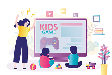 Mother yells at children because of constant playing of video games. KIds are addicted to computer games. Cyber addiction, concept. Angry parents scream. Family problems. Social issues