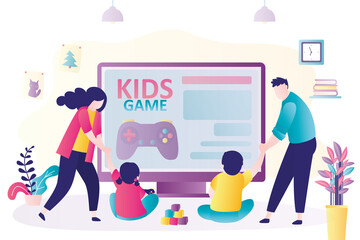 Parents drag children away from game console. Family problems. KIds are addicted to computer games, television and social networks. Cyber addiction, concept. Social issues.