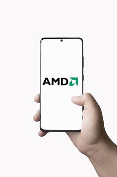 USA - March 13, 2022 : AMD logo on phone screen stock image.