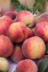 Lots of ripe peaches in a wooden box. Fruit background, healthy food