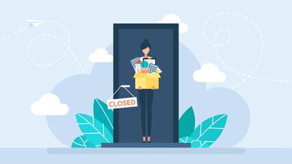 Firing from a job. Job cuts. Dismissal employee. Fired sad female office worker holding a box with work things. Unemployment and Jobless concept. The door is closed. Business flat illustration. - obrazy, fototapety, plakaty