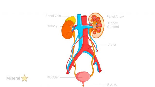 Mineral in urinary system animation. Detailed human kidney anatomy. Bladder, ureter, renal vein, urethra.  Journey of water in human body, absorption. Excretory. Explanations, Medical, urology video