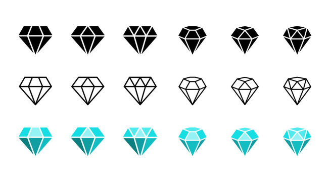 Set of diamond icon. Black, linear outline and blue design. Vector EPS 10