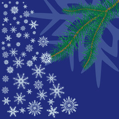Fototapeta na wymiar Spruce branch with snowflakes on blue background, file EPS.8 illustration.
