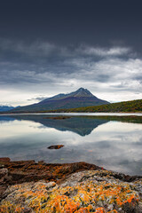 Cover page with magical austral Magellanic subpolar forests and turquoise lagoons in Tierra del...