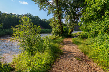 Fototapeta na wymiar View of the path along the bank of the Belaya River on a sunny summer day, Kamennomostsky village, Republic of Adygea, Russia