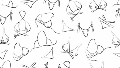 Bikini hand drawn seamless pattern. Women's sexy swimsuit summer background. Black outline on a white background. Vector. For fabric, wrapping paper, textiles