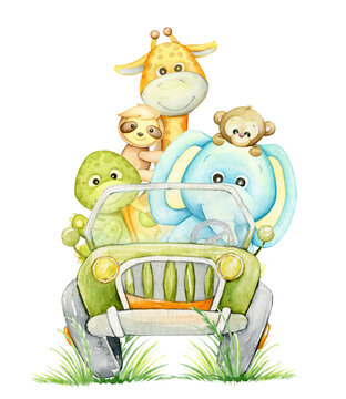 Elephant, giraffe, sloth, turtle, monkey, riding on an SUV. Tropical animals, in cartoon style. Watercolor clipart, on an isolated background.