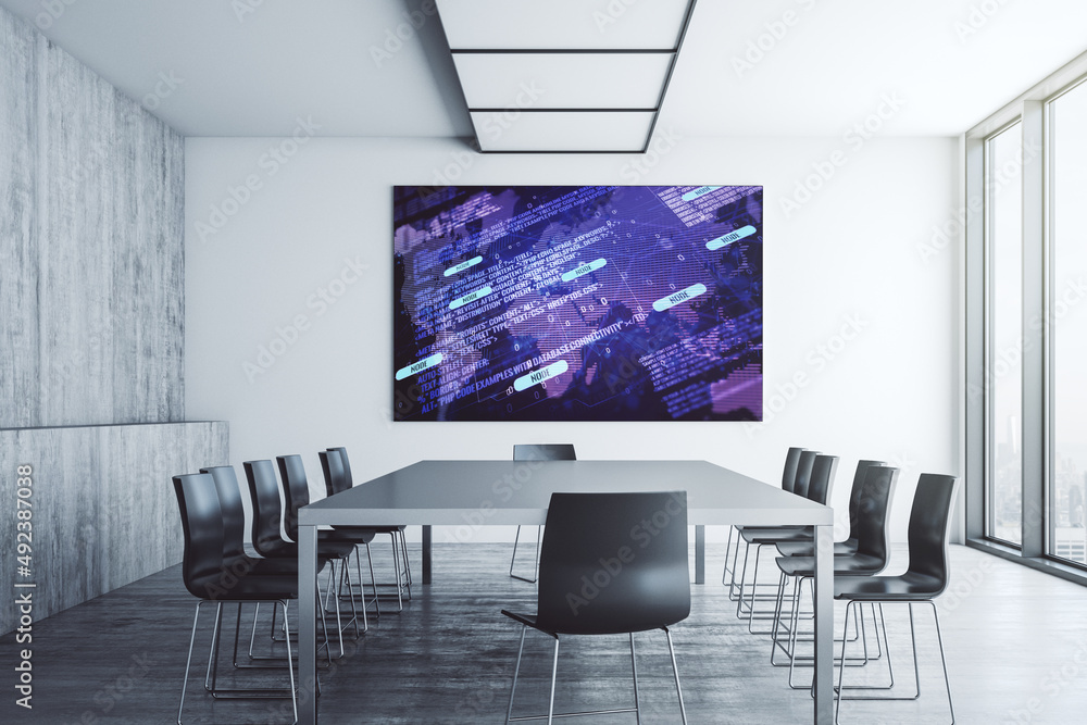 Poster abstract graphic coding sketch and world map on tv display in a modern presentation room, big data a