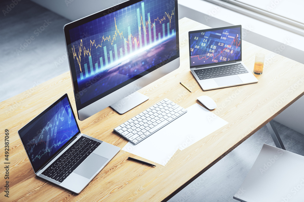 Poster modern computer screen with abstract financial diagram, banking and accounting concept. 3d rendering