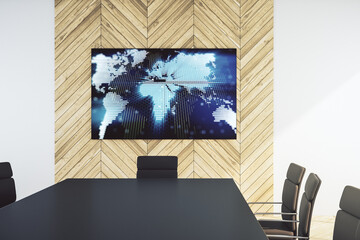 Abstract creative world map on tv display in a modern presentation room, globalization concept. 3D Rendering