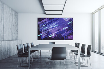 Abstract graphic coding sketch and world map on tv display in a modern presentation room, big data and networking concept. 3D Rendering
