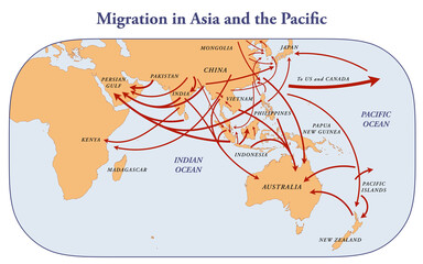 Map with the migration in the Asia and the Pacific
