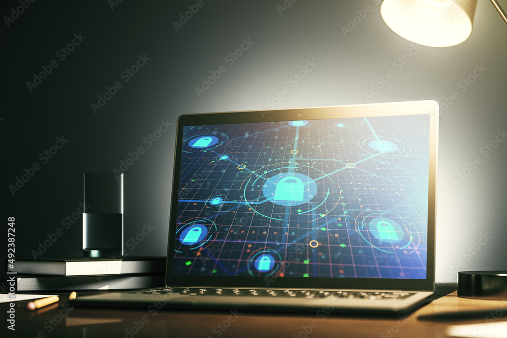 Poster Creative lock sketch with chip hologram on modern computer monitor, protection of personal data concept. 3D Rendering
