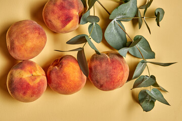 Peach collection. Tasty honey fruit with leaf isolated on yellow wall background. fruits concept. flat lay, copy space