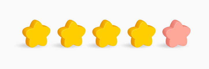 Five stars, glossy yellow and pink colors. Realistic 3d design of the object. For mobile apps. Customer rating feedback concept from customer about employee of website. Vector illustration.