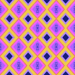 Seamless ikat ethnic violet and yellow color fabric and carpet pattern, Decorrative graphic art design