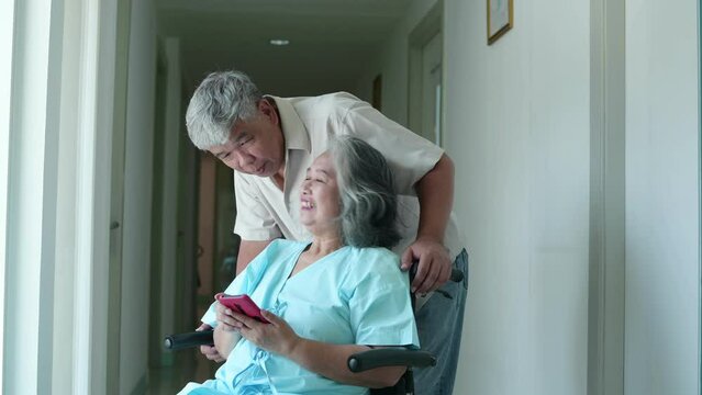 Senior Asian man visiting wife in hospital, support and take care, Healthcare and Medical
