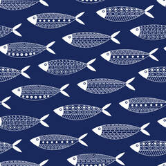 Decorative Fishes with traditional Mexican Indians Ethnic Ornament Seamless Pattern. Aztec, Mayan, Inca, Ancient tribal style texture. Sea Animal. Outline Hand drawn Marine Life vector background