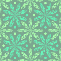 Vector seamless pattern with green flowers and dots.