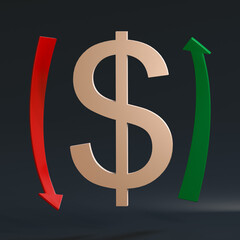 Gold-plated dollar symbol surrounded by two arrows, a green one pointing up and a red one pointing down, on a dark background. 3D rendering. Finance concept