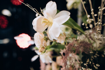Wedding decorations with fresh flowers in restaurant
