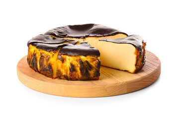 Tasty Basque burnt cheesecake on white background