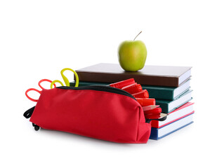 Stack of notebooks, apple and case with stationery on white background