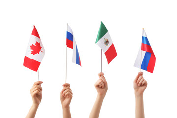 Female hands with different flags on white background