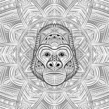 Gorilla face. Portrait of Big Mountain Gorilla isolated on white background. Painted ethnic ornament. Africans design. May be used for design of t-shirts, bags, postcards, poster, banners. Vector