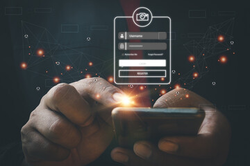 User typing login and password.Hand man use mobile phone for  log in to enter login and password.sign in page,User profile,Information privacy,Internet.photo Cyber protection and technology concept.