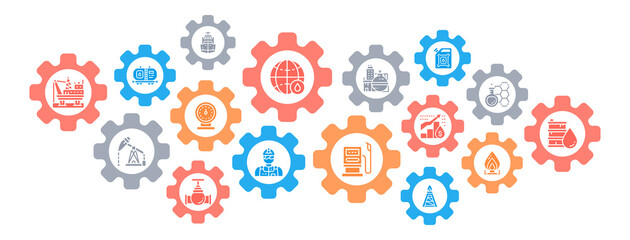 Oil industry vector banner design concept. Fuel Truck, Engineer, Gasoline, Cargo Ship flat style illustration with thin line icons.