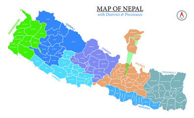 Map of Nepal with Districts and Province Vector Illustration - obrazy, fototapety, plakaty