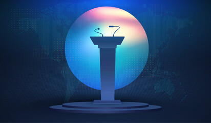 Breaking news background with World map, podium tribune and light effects.