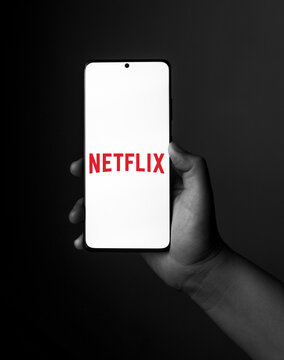 USA - March 13, 2022 :  Netflix logo on phone screen stock image.