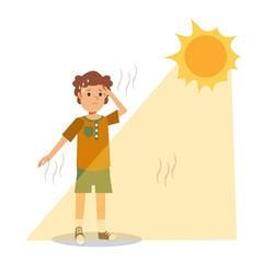 heat stroke concept.Sunstroke and sunburn risk little boy under burning sun. High temperature ,Hot weather.Summer
